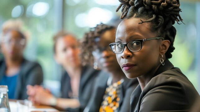 An African American black businesswoman, sitting in an office workplace in her company with her colleagues employees and talking about finance. Team meeting and leadership, menagment and communication