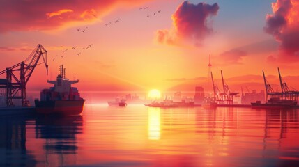Fototapeta premium Industrial harbor with cargo ships and cranes, sunset lighting, realistic, 8K, UHD