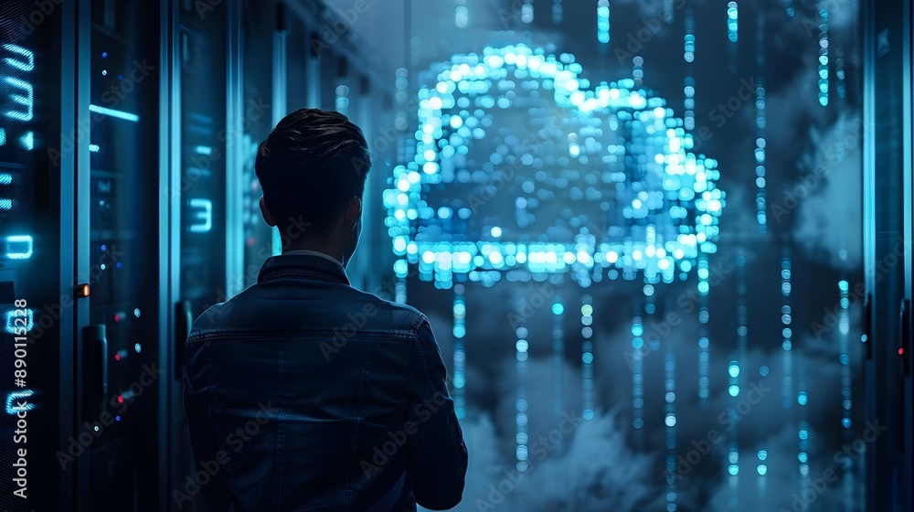 Poster cybersecurity expert overseeing cloud based security systems and protocols for digital transformatio