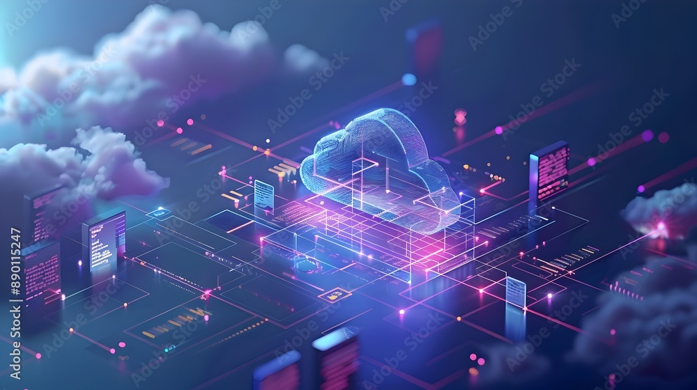 Poster digital transformation and cloud computing concept with businesses migrating data to the cloud