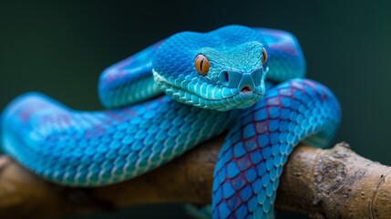 A blue and red snake is curled up on a branch. The snake is small and he is resting