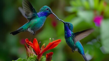 Fototapeta premium Two hummingbirds are feeding on a red flower. Concept of harmony and peacefulness as the birds share a moment of nourishment together