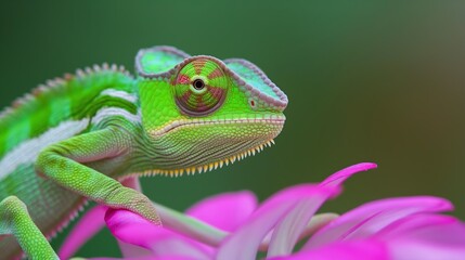 Obraz premium A green lizard with a pink flower on its back. The lizard is looking at the camera. The flower is pink and has a purple center