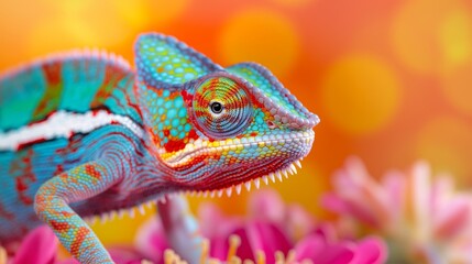 Obraz premium A colorful chameleon is standing on a bed of pink flowers. The chameleon is bright green and red, and its eyes are staring at the camera. The scene is vibrant and lively