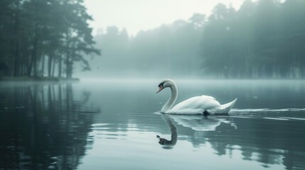 Fototapeta premium Swan floating on the surface of the forest and itself on the water