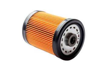A Cylindrical Orange Engine Oil Filter With a Black Rubber Seal on a Clear PNG or White Background.
