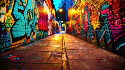Fototapeta premium Colorful graffiti alley with brick walls covered in vibrant street art.