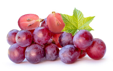 Front view of red grapes or purple grapes with halves and green leaf isolated on white background with clipping path