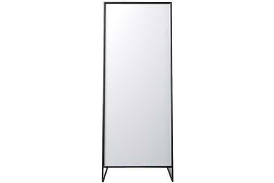 A Simple Black Framed Mirror Stands Tall Against a White Background on a Clear PNG or White Background.