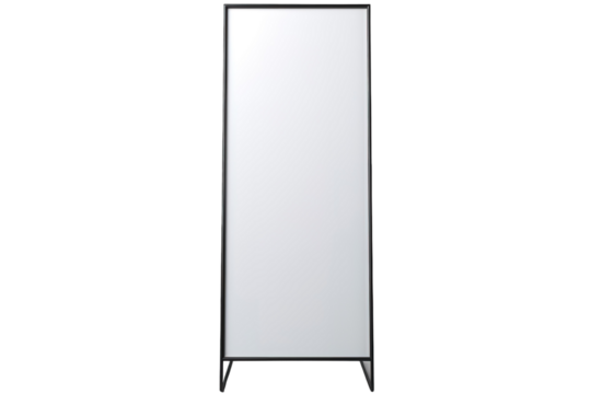 A Simple Black Framed Mirror Stands Tall Against a White Background on a Clear PNG or White Background.