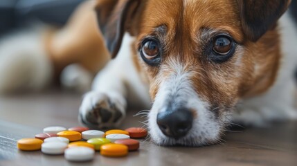Dog's head in detail is climbing on tablets.Veterinary ovens and animal health