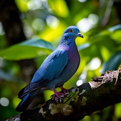 Obraz premium A blue bird with a white chest and belly perches on a branch of a tree. The tree has green leaves. In the background, there is a blurred hint of another bird, possibly of the same species.