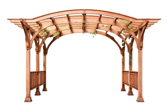 Arched Wooden Pergola With Greenery in a Sunny Afternoon on a Clear PNG or White Background.