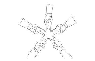 Continuous one line drawing of hands of businessmen forming five star shape, collaboration for work with quality concept, single line art.