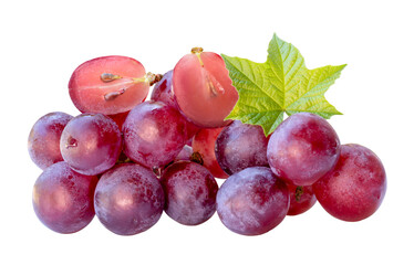 Front view of red grapes or purple grapes with halves and green leaf isolated with clipping path in png file format