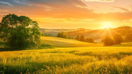 Obraz premium Beautiful rural landscape with trees and field