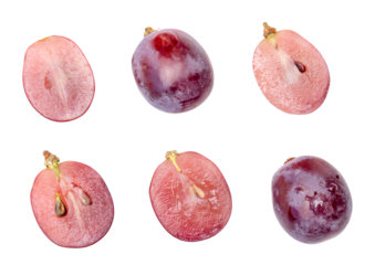Top view set of two red grapes or purple grapes with halves isolated with clipping path in png file format