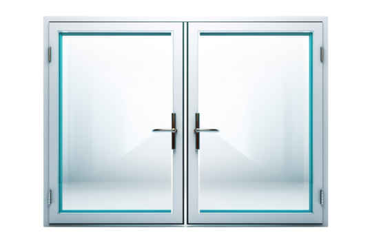 A Glimpse Through Double French Doors With Aqua Trim on a Clear PNG or White Background.