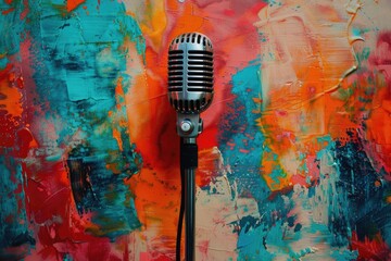 Microphone stands tall against a backdrop of vibrant abstract painting