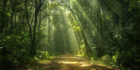 Fototapeta premium A serene forest pathway with rays of sunlight piercing through the dense canopy of tall trees, creating a magical and peaceful atmosphere.