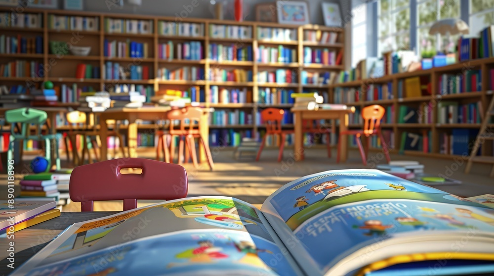 Poster school library scene with books scattered on tables and small chairs pulled out, as if just vacated 