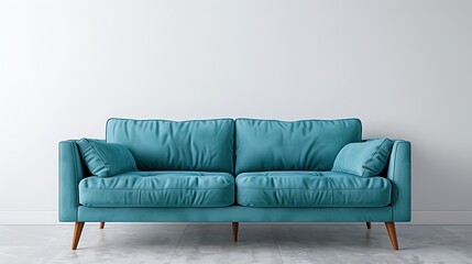 Modern interior design of a living room with a teal sofa and white wooden floor