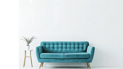 Turquoise sofa in spacious room against blank white wall with copy space, home interior design of modern living room