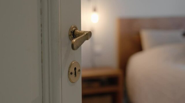 Slow closing shot of a bedroom door closing in a modern villa