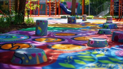 schoolyard with a sensory path painted with vibrant colors and patterns, along with motivational stepping stones that encourage movement and positivity.