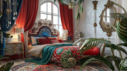 Luxurious bedroom with vintage style decor and vibrant colors. Majestic bed with intricate headboard. Rich red curtains framing the large window. Ideal for interior design inspiration. AI