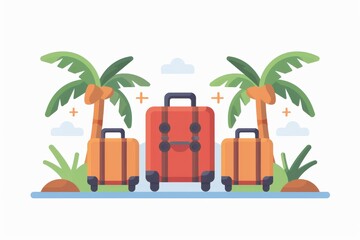Tropical Vacation Luggage Illustration with Palm Trees and Clouds