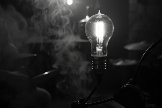 Glowing Light Bulb in Hazy Studio with Drum Set