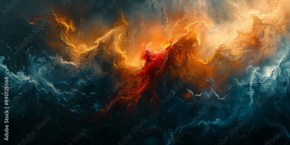 Poster abstract painting with a harmonious blend of cool and warm tones, creating a balanced and visually p