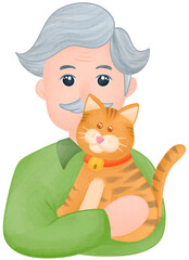 An elderly man holding a cat