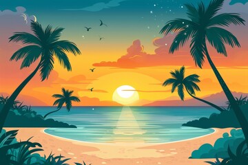 Fototapeta premium Tropical Sunset with Palm Trees and Ocean Horizon Illustration