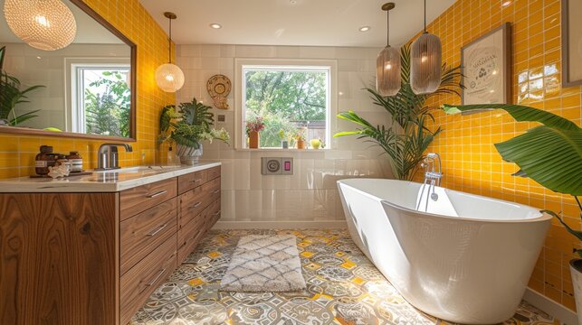a Mid-Century Modern bathroom featuring mustard yellow geometric tiles.