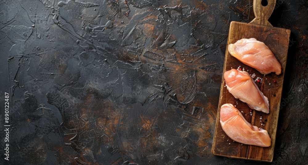 Wall mural Raw chicken breasts on a wooden cutting board over a dark textured background. Natural lighting and rustic style give a fresh and organic feel.