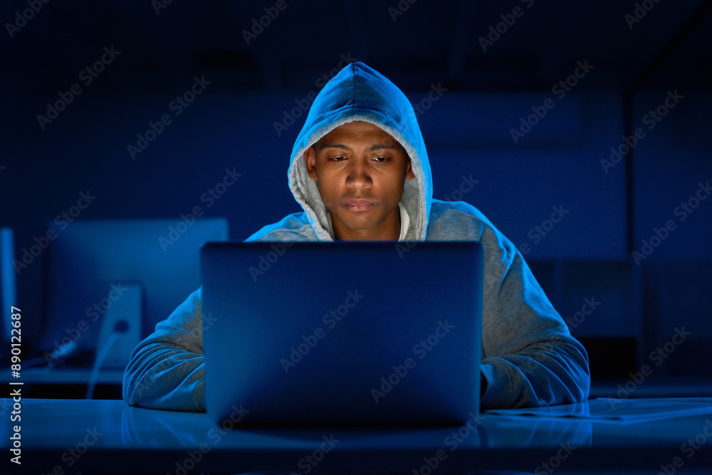 Poster black man, hoodie or hacker with laptop for cybersecurity problem, malware or phishing for crime. pr