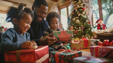 On Christmas morning, a family gathers by the tree, joyfully opening presents and sharing laughter.