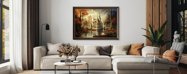 Chic wall frame mockup featuring a haunted mansion painting in a sophisticated living space.
