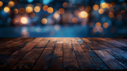 Wooden table with dark blue background and golden lights