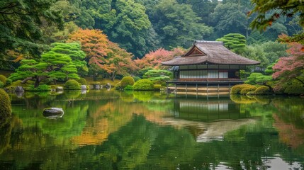 Traditional Japanese architecture with a serene garden backdrop