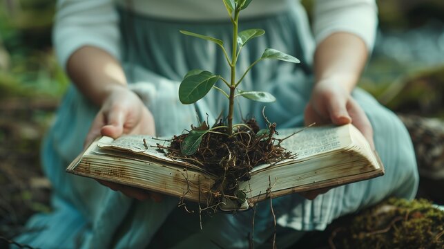 A New Beginning: Plant Growth from an Open Book Symbolizing the Integration of Nature and Knowledge
