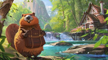 A happy cartoon beaver with a backpack stands on a log near a waterfall and a small wooden cabin in a bright jungle environment.