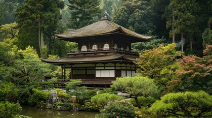Traditional Japanese architecture with a serene garden backdrop