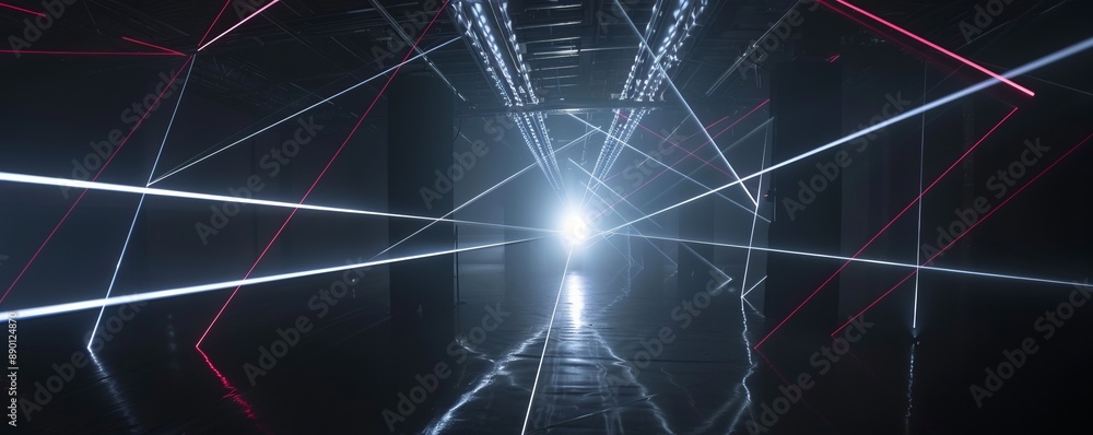 Poster laser beams form intricate geometric patterns in a darkened room, creating a futuristic light show