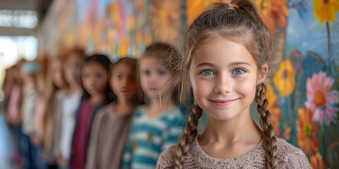 Kids proudly presenting their art projects during an open house event, showcasing creativity and school community