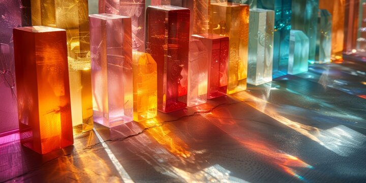 Layered colored glass panels refract sunlight, creating a mesmerizing kaleidoscope effect