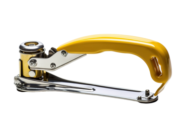 A Gleaming Yellow Hand Tool for Securing Packaging on a Clear PNG or White Background.