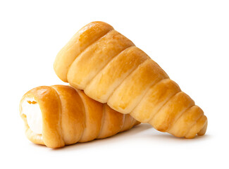 Side view of brown puff pastry cream horns in stack isolated with clipping path and shadow in png file format.